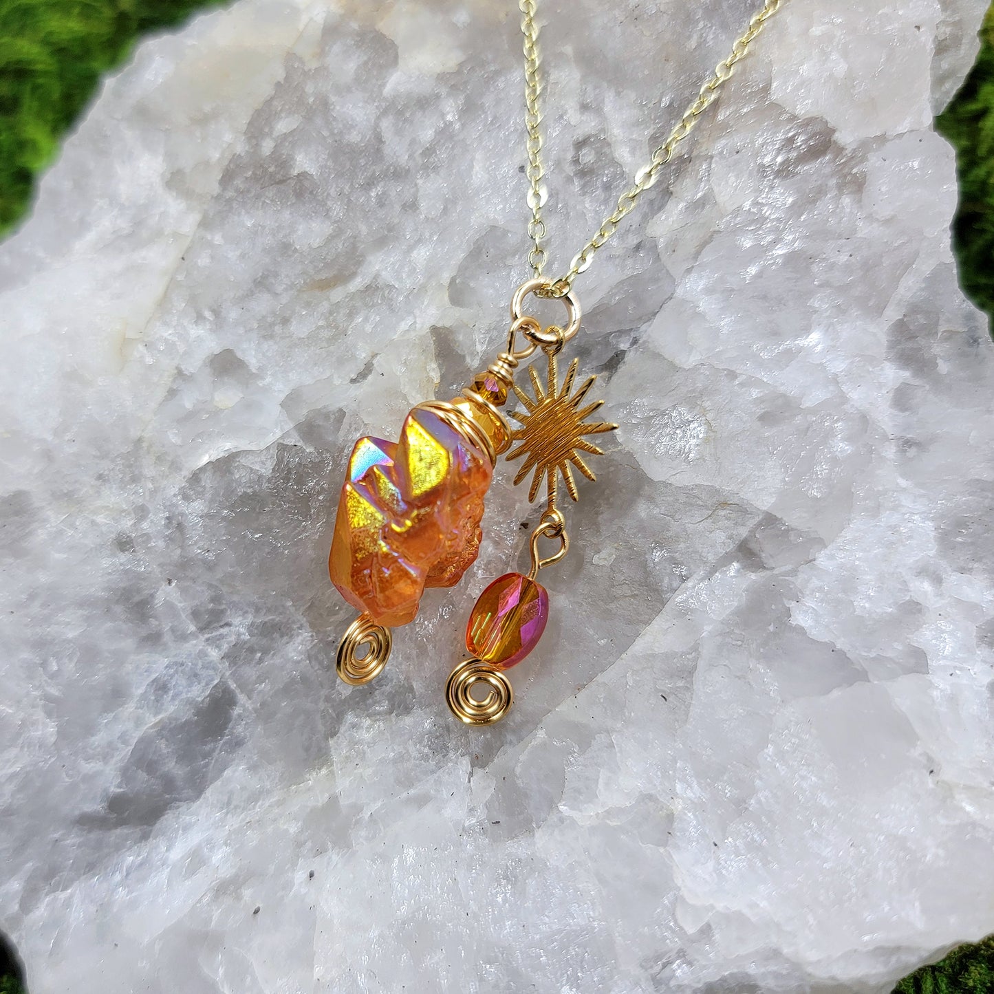 Orange Aura Quartz Sun Star Necklace