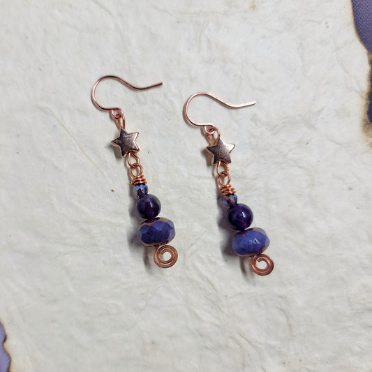 Celestial Witchy Amethyst Star Earrings, Copper Crystal Ethereal Fairy Dark Witch Amethyst Earrings