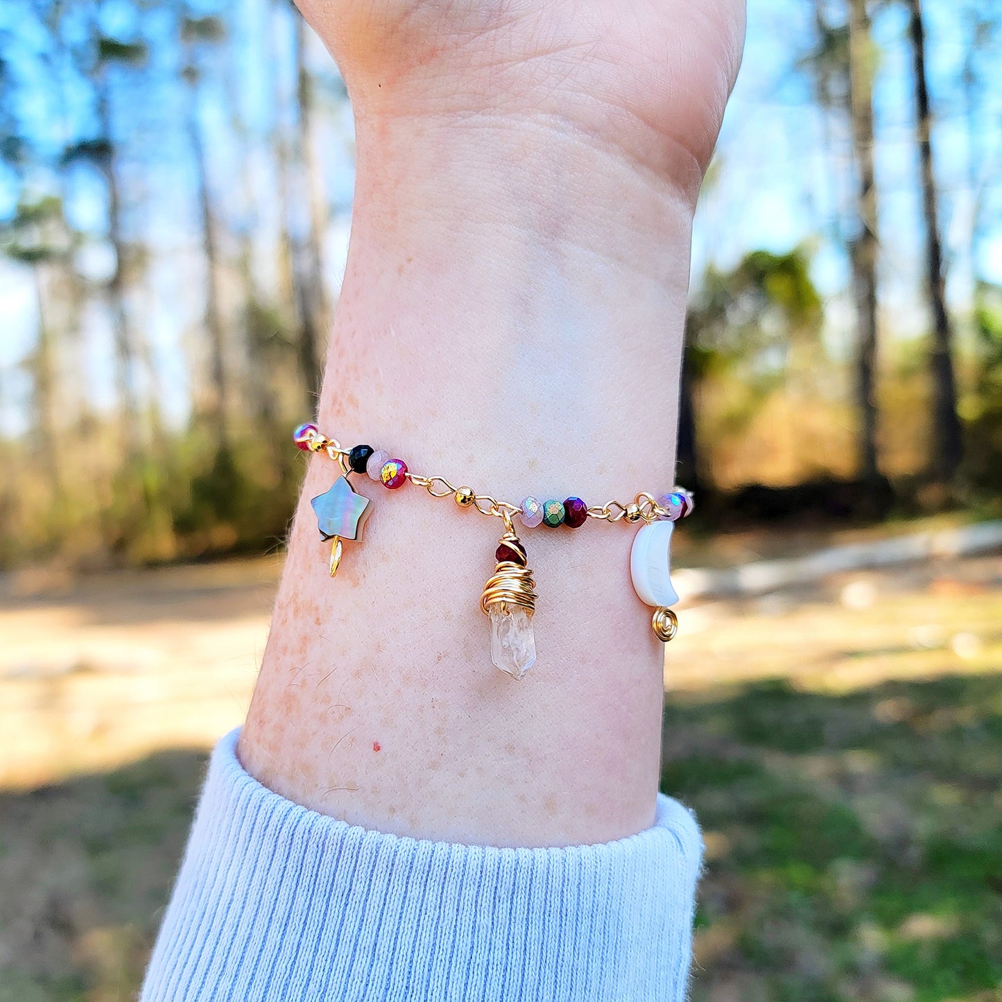 Quartz, Moss Agate, Shell Moon & Star Bracelet