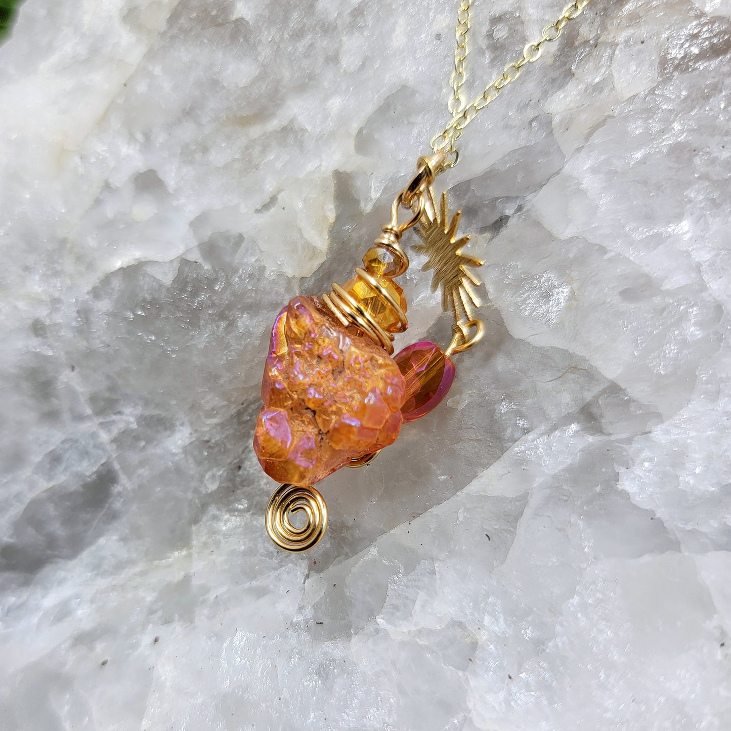 Orange Aura Quartz Sun Star Necklace