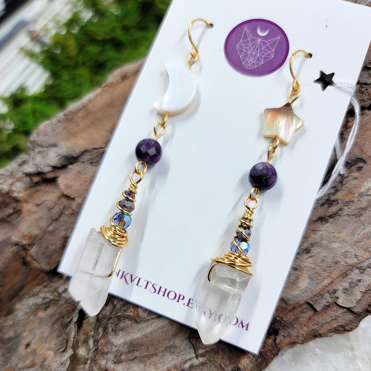 Celestial Quartz, Amethyst, Shell Moon & Star Earrings