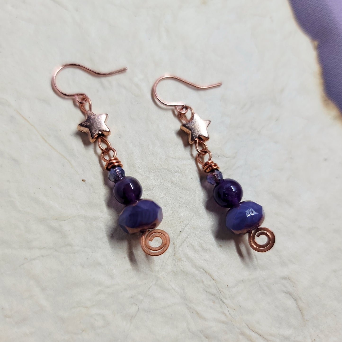 Celestial Witchy Amethyst Star Earrings, Copper Crystal Ethereal Fairy Dark Witch Amethyst Earrings