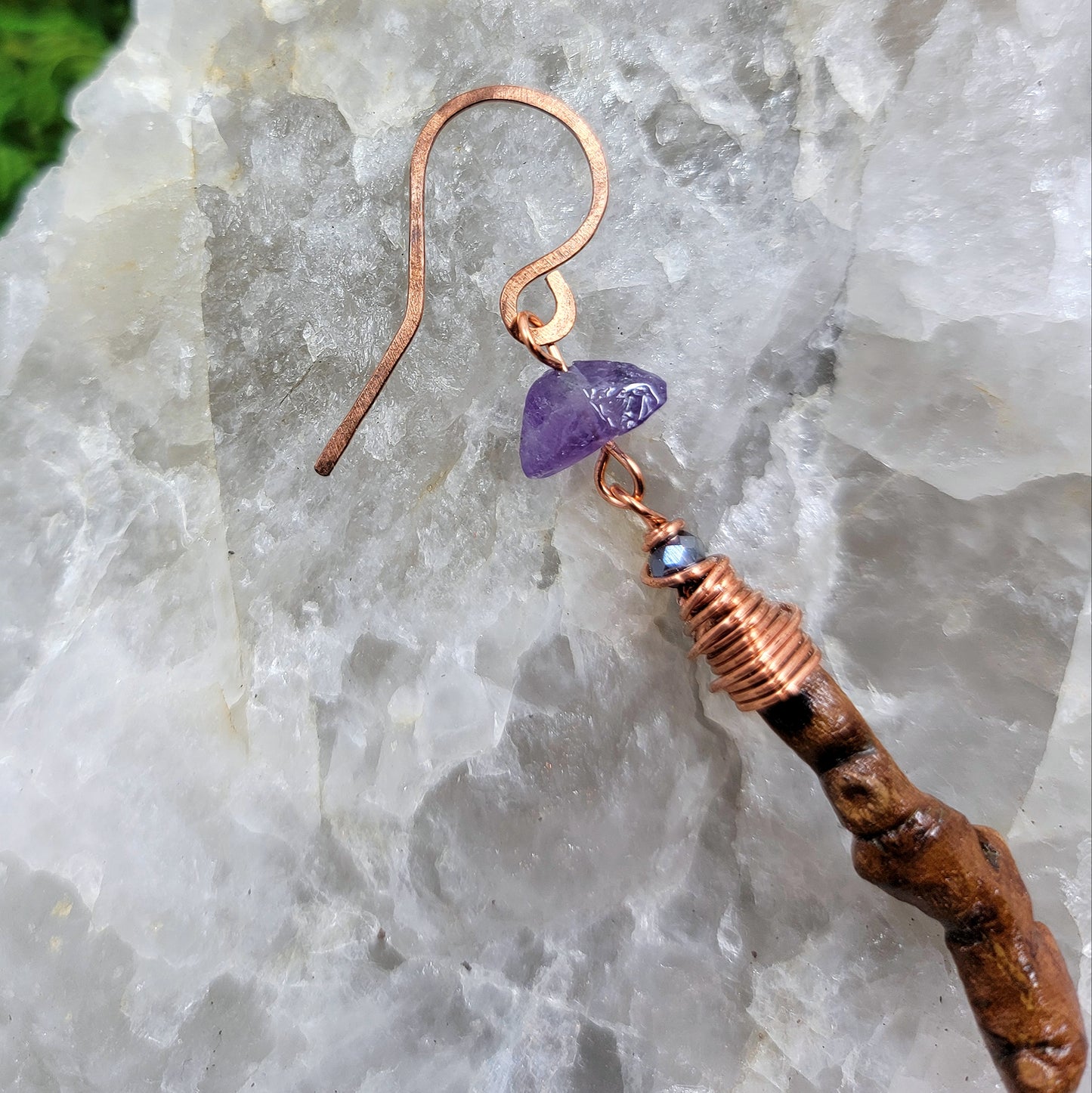 Sycamore & Amethyst Witch Finger Earrings