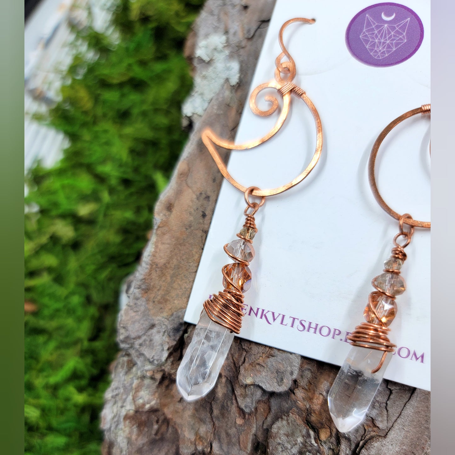 Quartz & Copper Moon Earrings