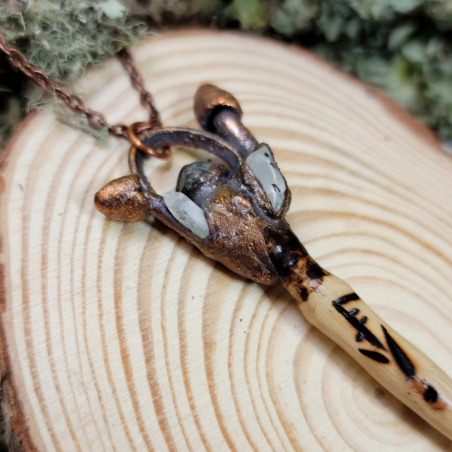 Hand Carved Wand Labradorite Mushroom Electroformed Copper Necklace