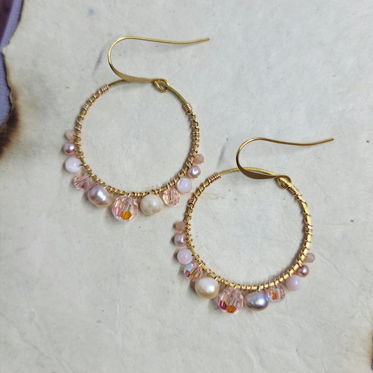 Ethereal Freshwater Pearl, Mother of Pearl, Peach Moonstone Crystal Hoops