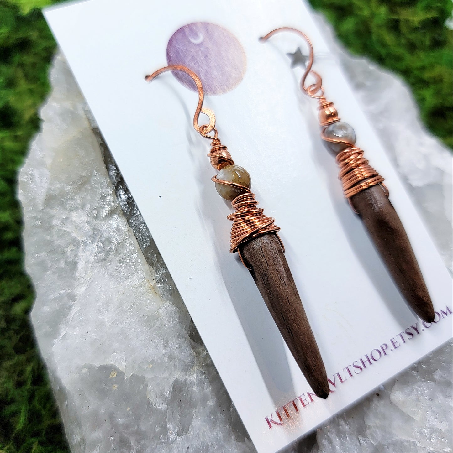 Hand Carved Walnut, Agate, & Copper Earrings