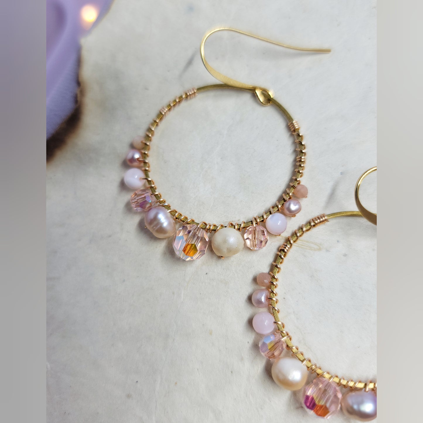 Ethereal Freshwater Pearl, Mother of Pearl, Peach Moonstone Crystal Hoops