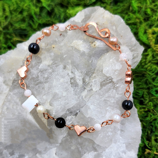 Freshwater Pearl & Onyx Copper Heart Bracelet