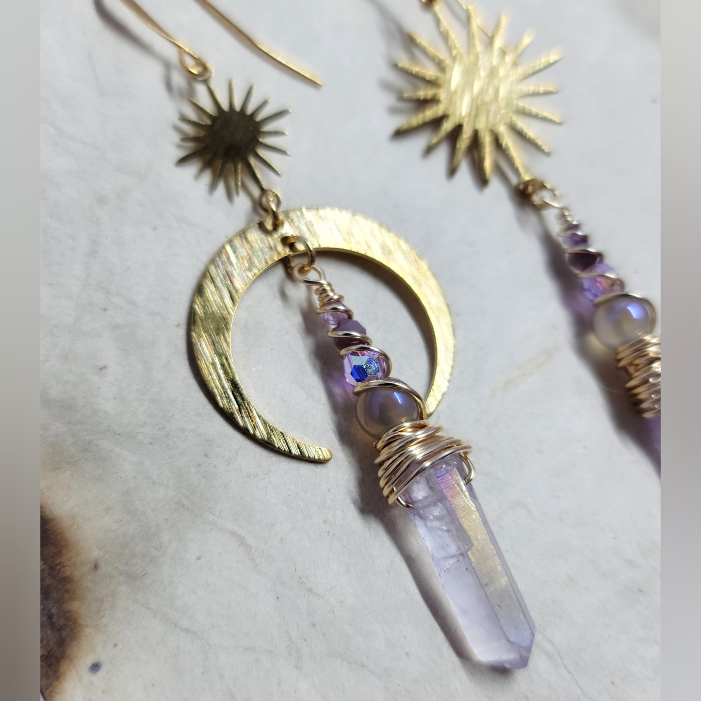 Celestial Lilac Aura Quartz Aura Agate Crystal Moon Earrings