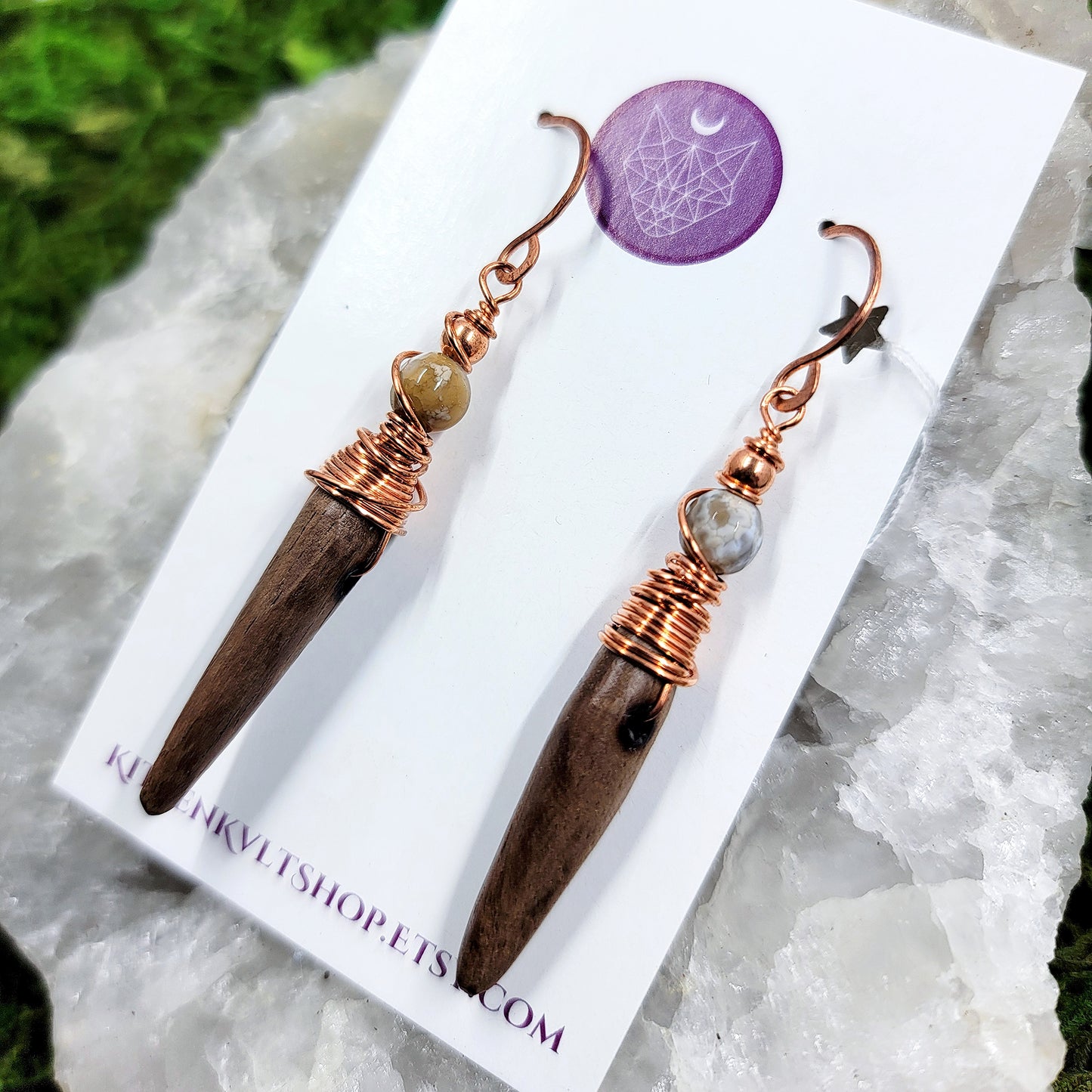 Hand Carved Walnut, Agate, & Copper Earrings