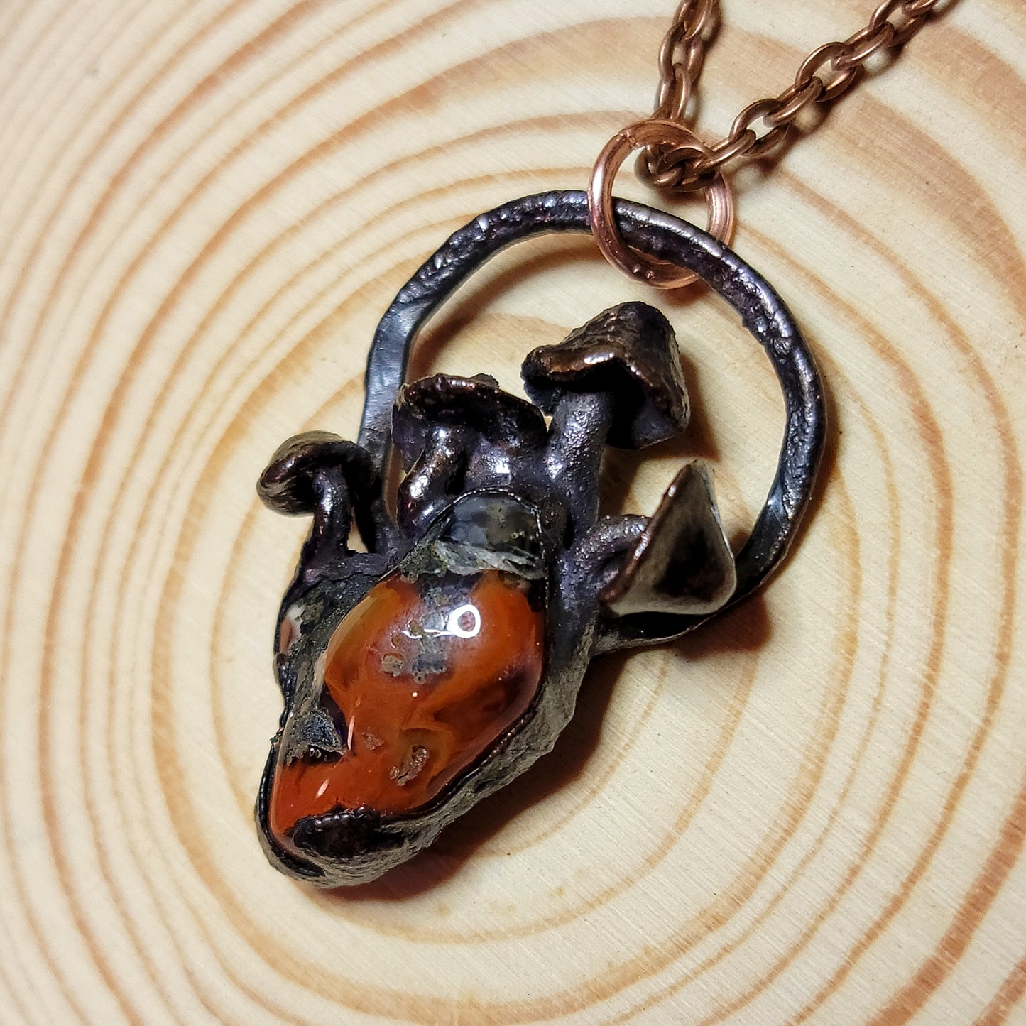 Brecciated Jasper Mushroom Anatomical Heart Copper Necklace