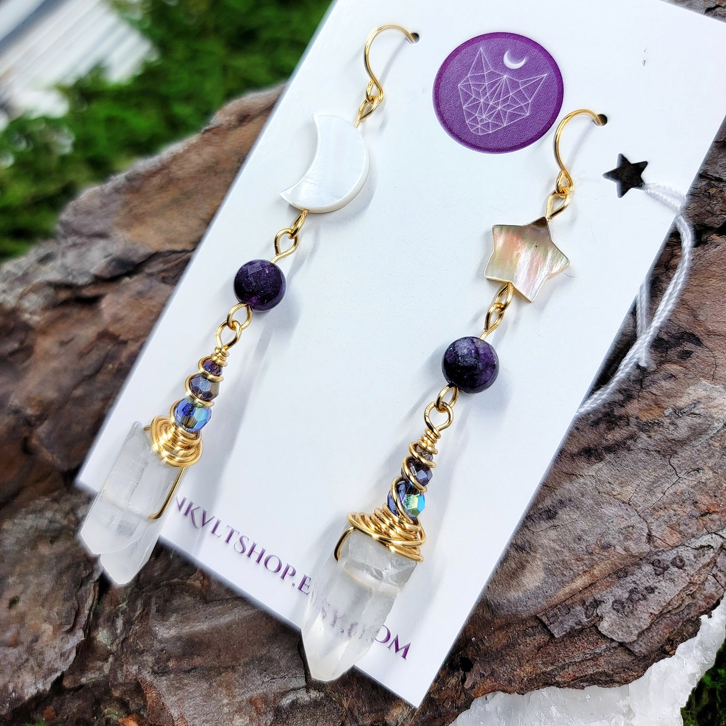 Celestial Quartz, Amethyst, Shell Moon & Star Earrings