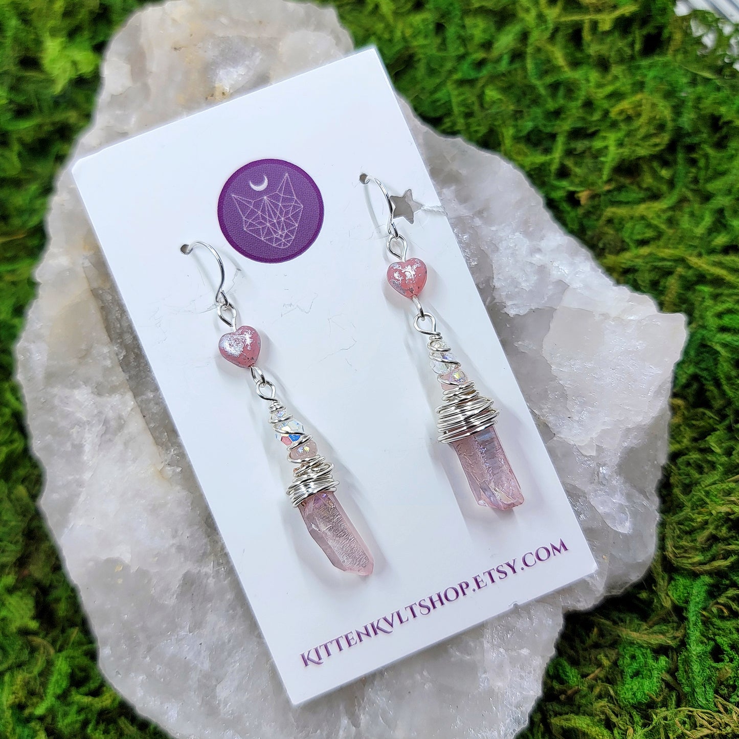 Pink Aura Quartz Heart Earrings