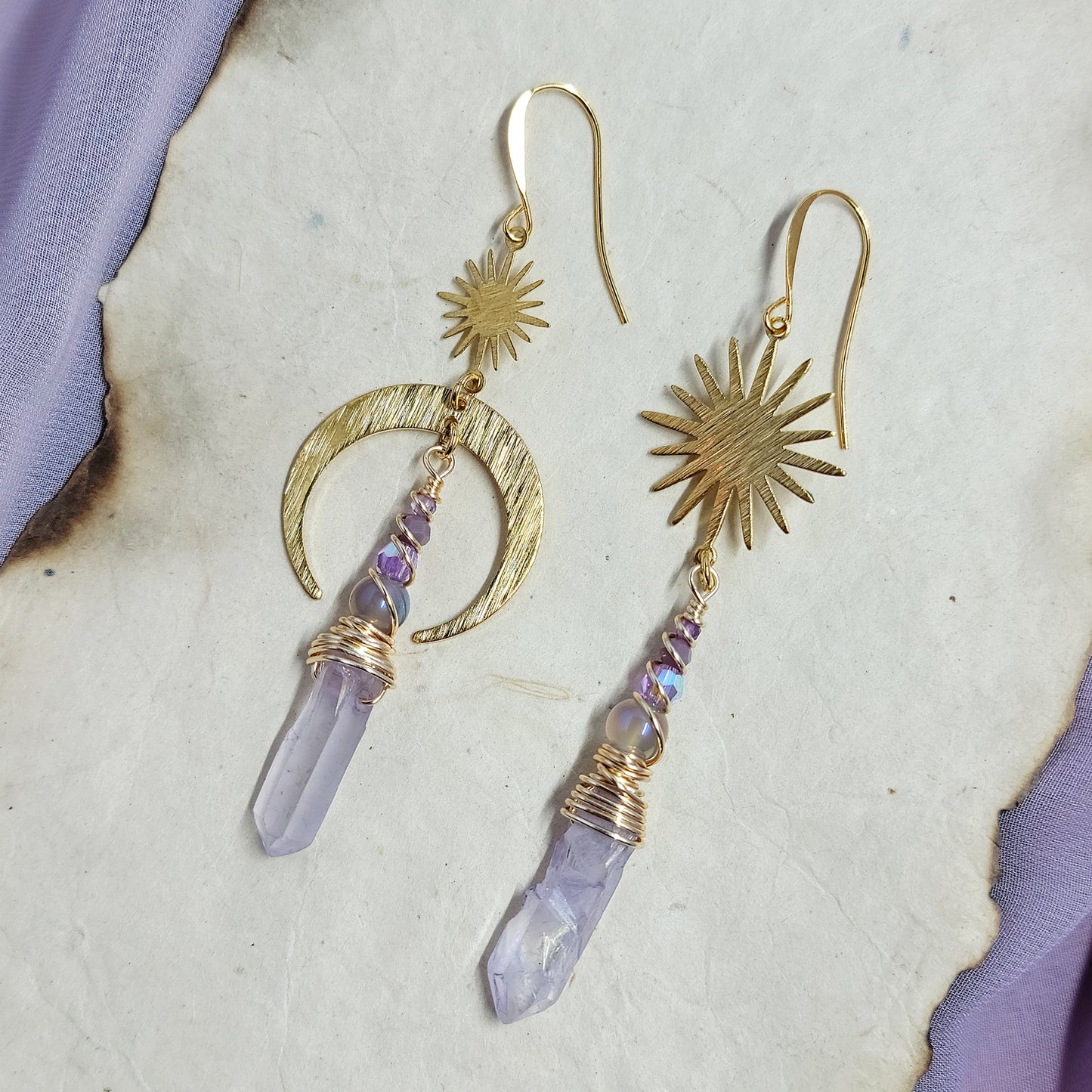 Celestial Lilac Aura Quartz Aura Agate Crystal Moon Earrings