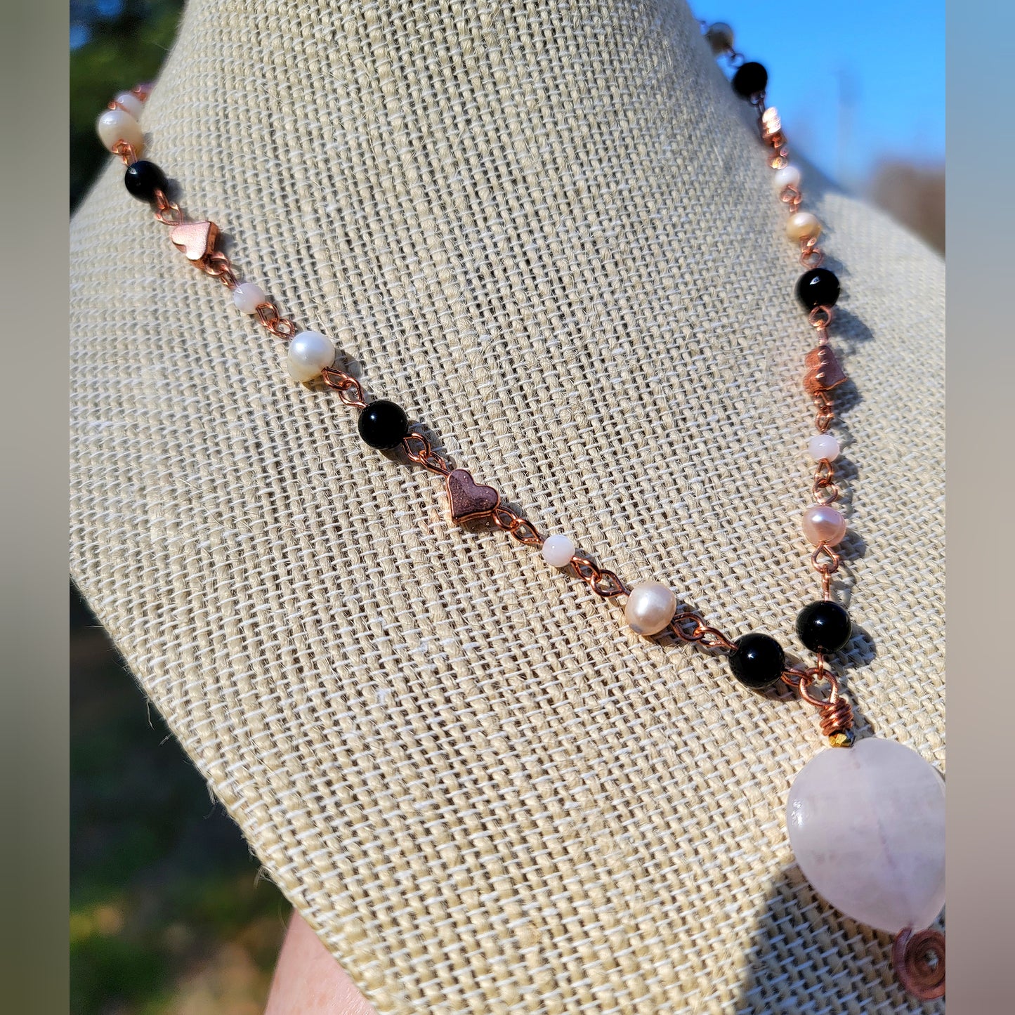 Rose Quartz Heart Copper Choker With Freshwater Pearls, Mother of Pearl & Onyx