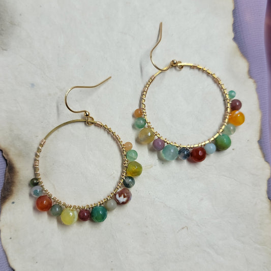 Earth Tone Crystal Agate, Ocean Jasper & Aventurine Hoop Earrings