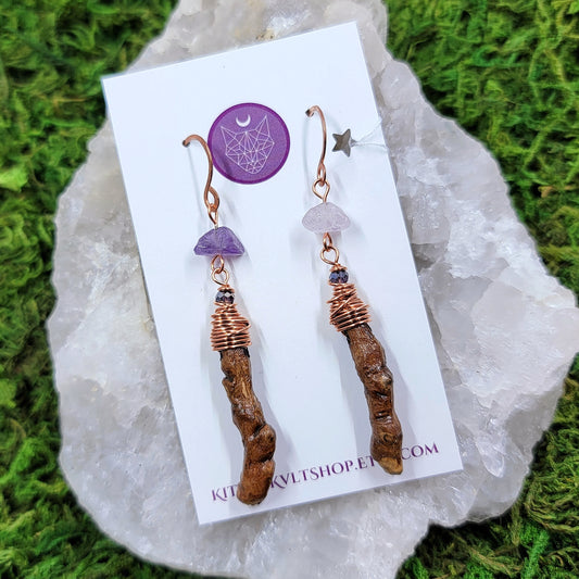 Sycamore & Amethyst Witch Finger Earrings