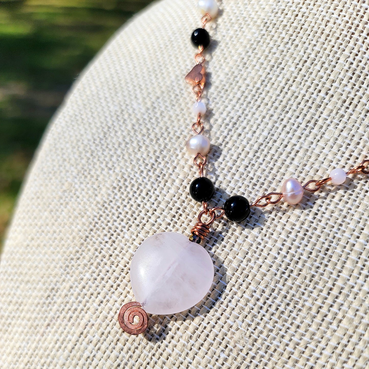 Rose Quartz Heart Copper Choker With Freshwater Pearls, Mother of Pearl & Onyx