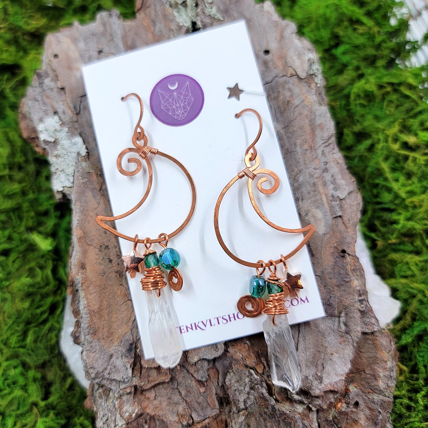 Quartz & Copper Moon Earrings