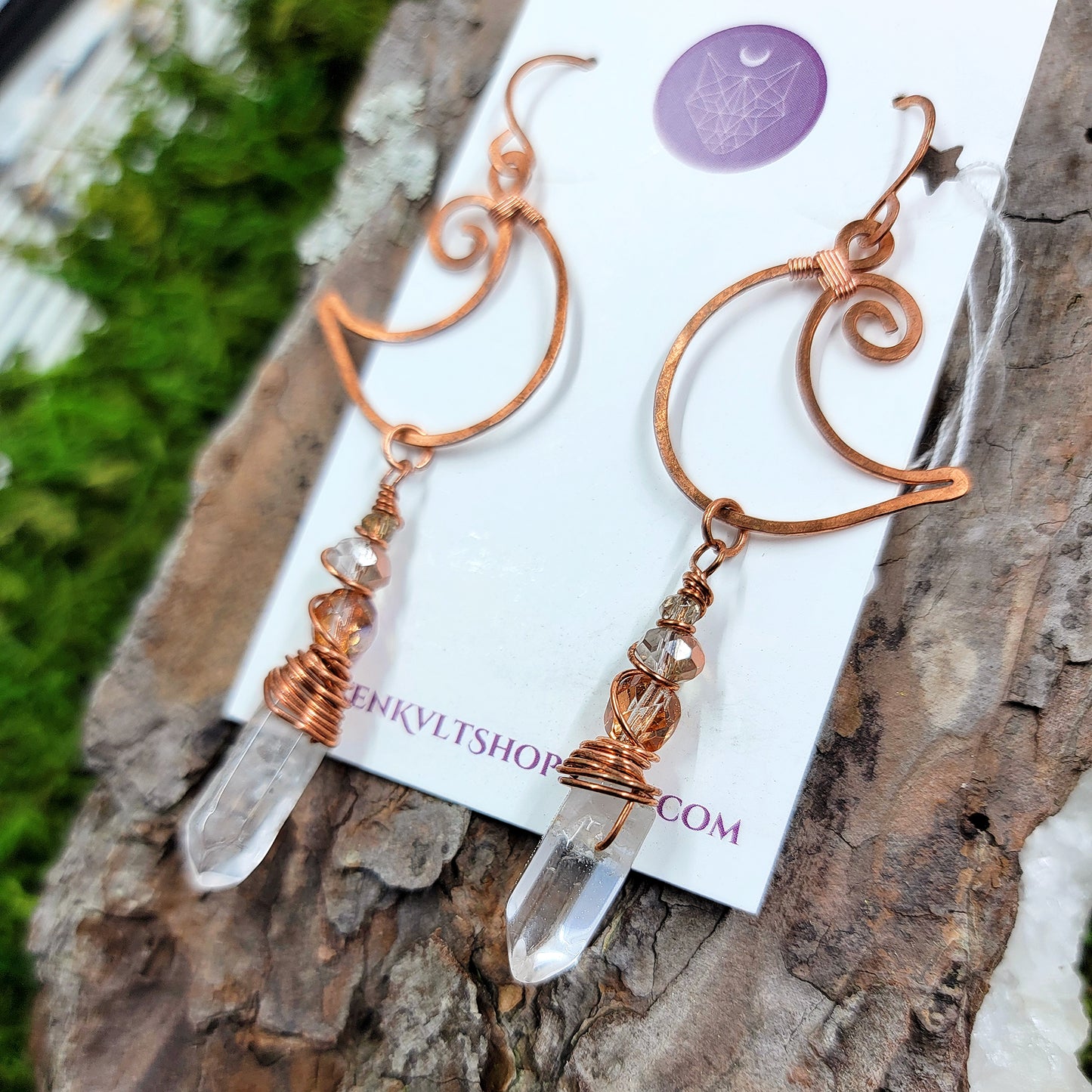 Quartz & Copper Moon Earrings