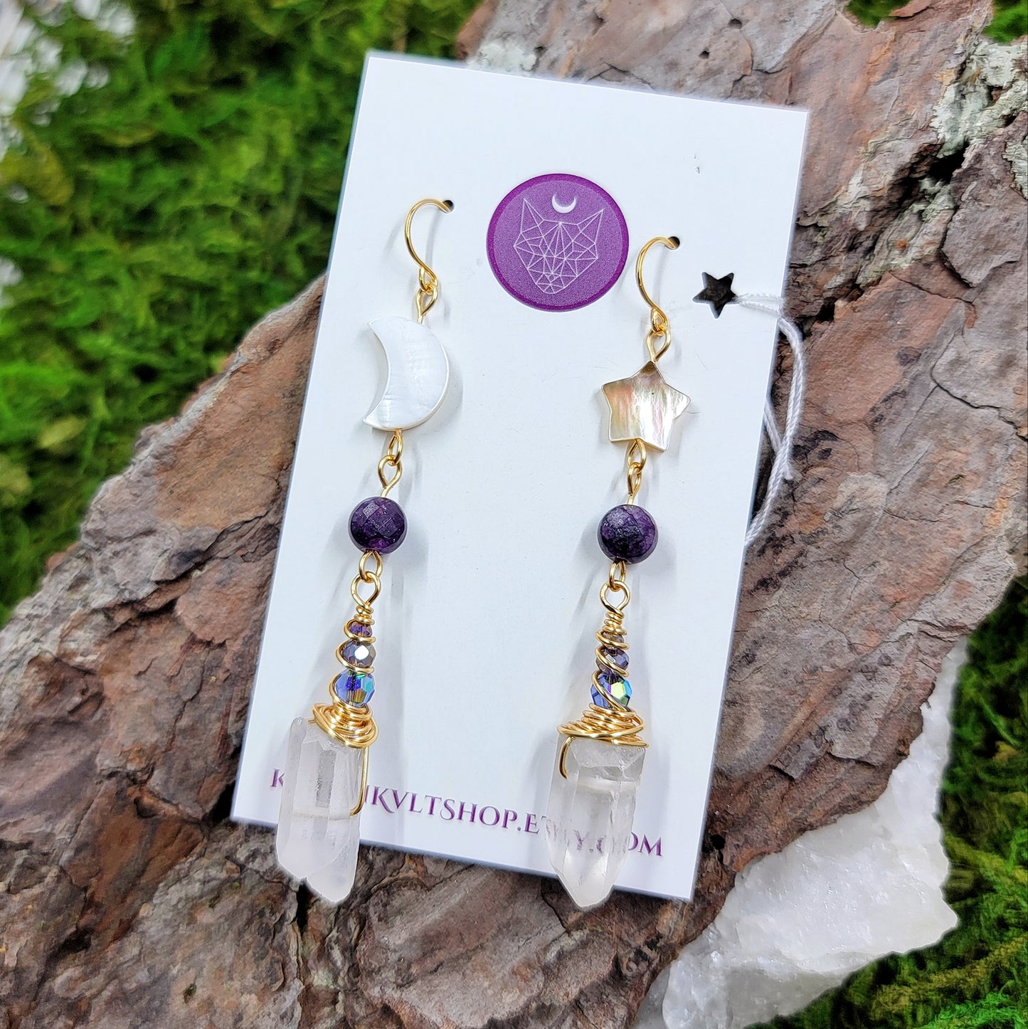 Celestial Quartz, Amethyst, Shell Moon & Star Earrings