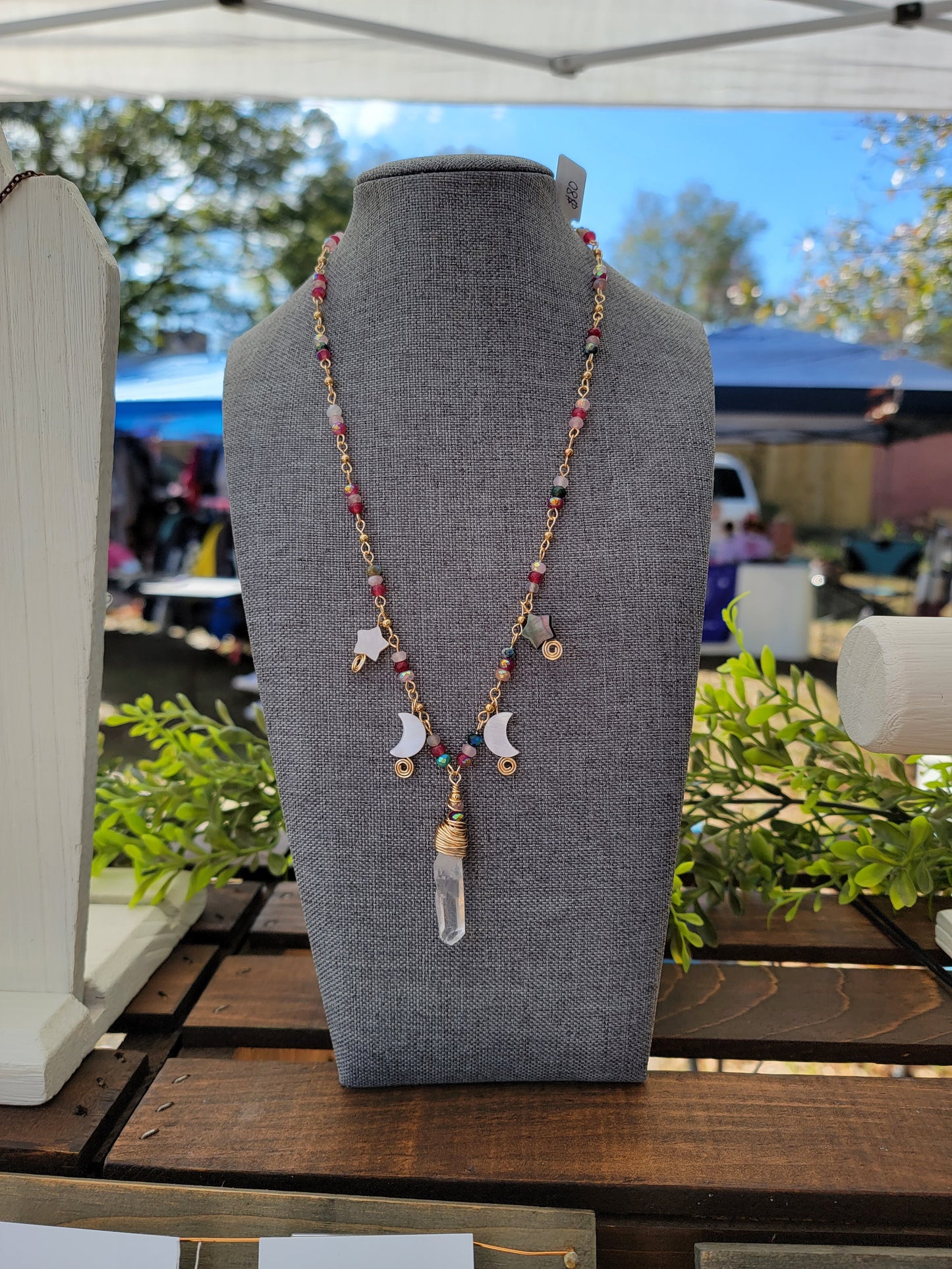 Quartz, Moss Agate, Shell Moon & Star Necklace