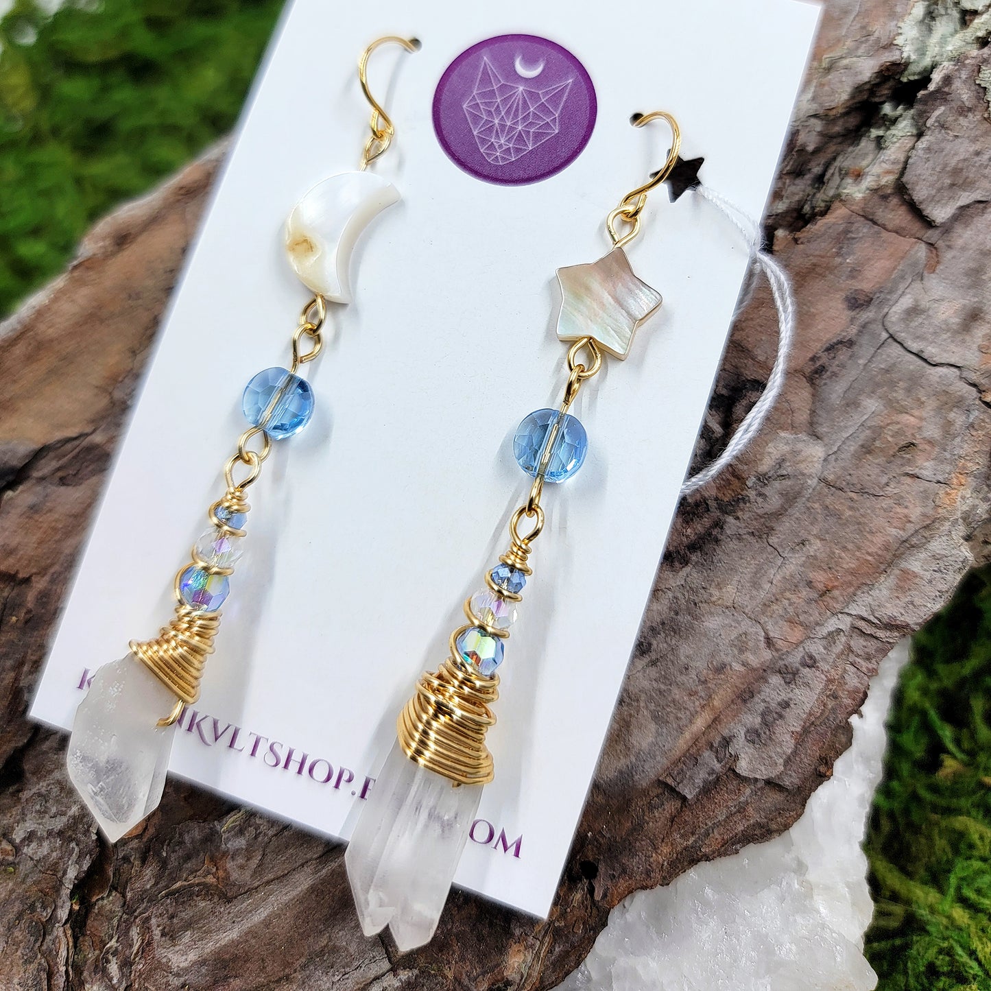 Celestial Quartz, Shell Moon & Star Earrings