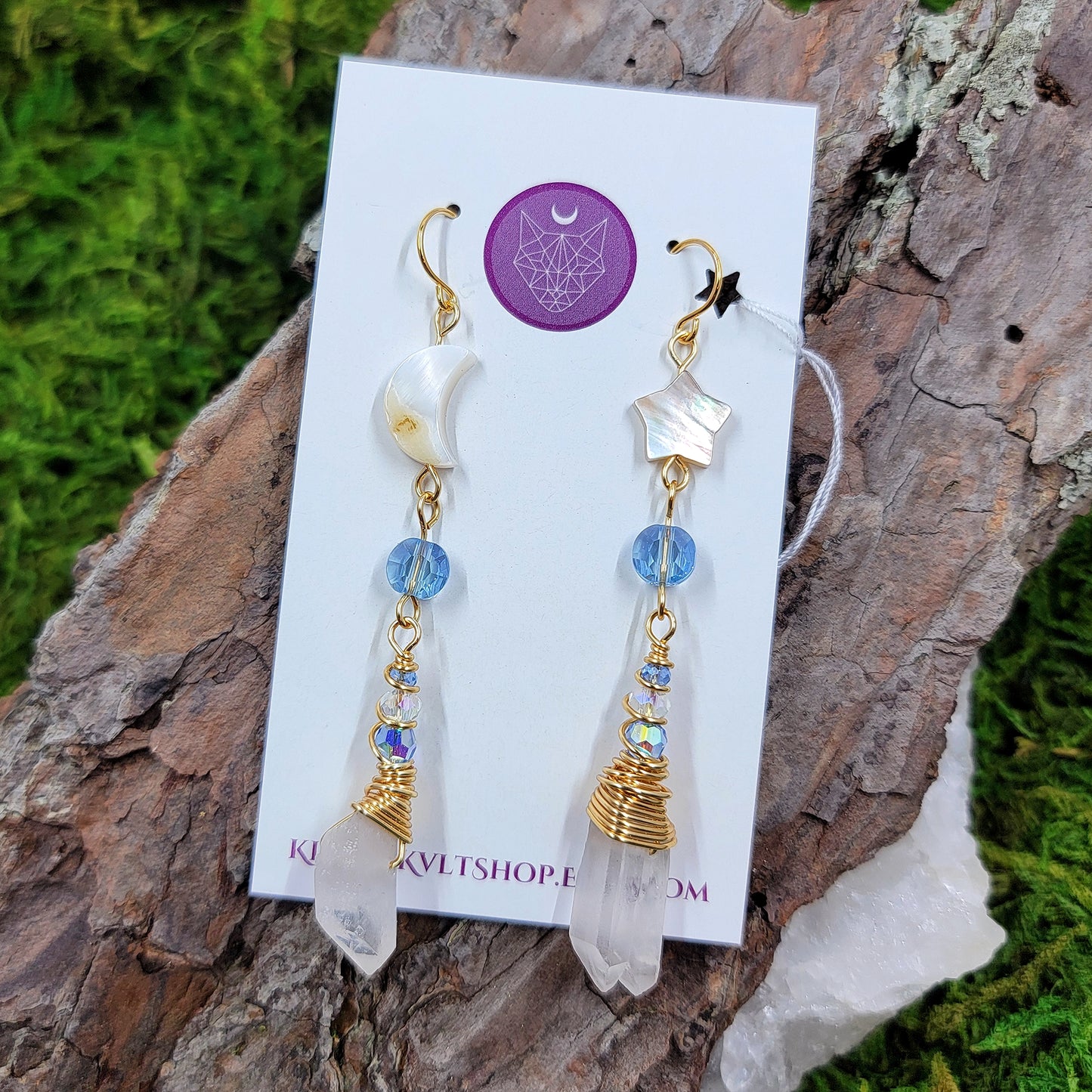 Celestial Quartz, Shell Moon & Star Earrings