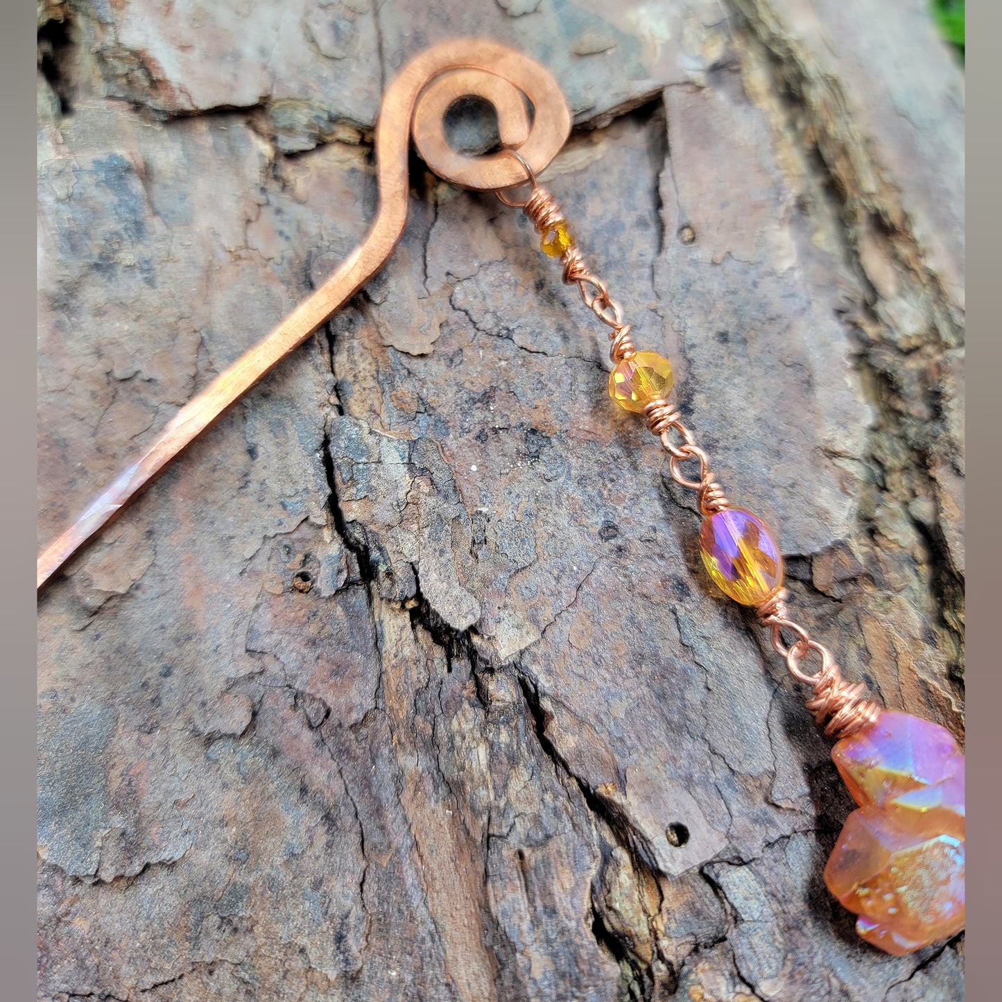 Aura Quartz & Hammered Copper Swirl Hair Stick