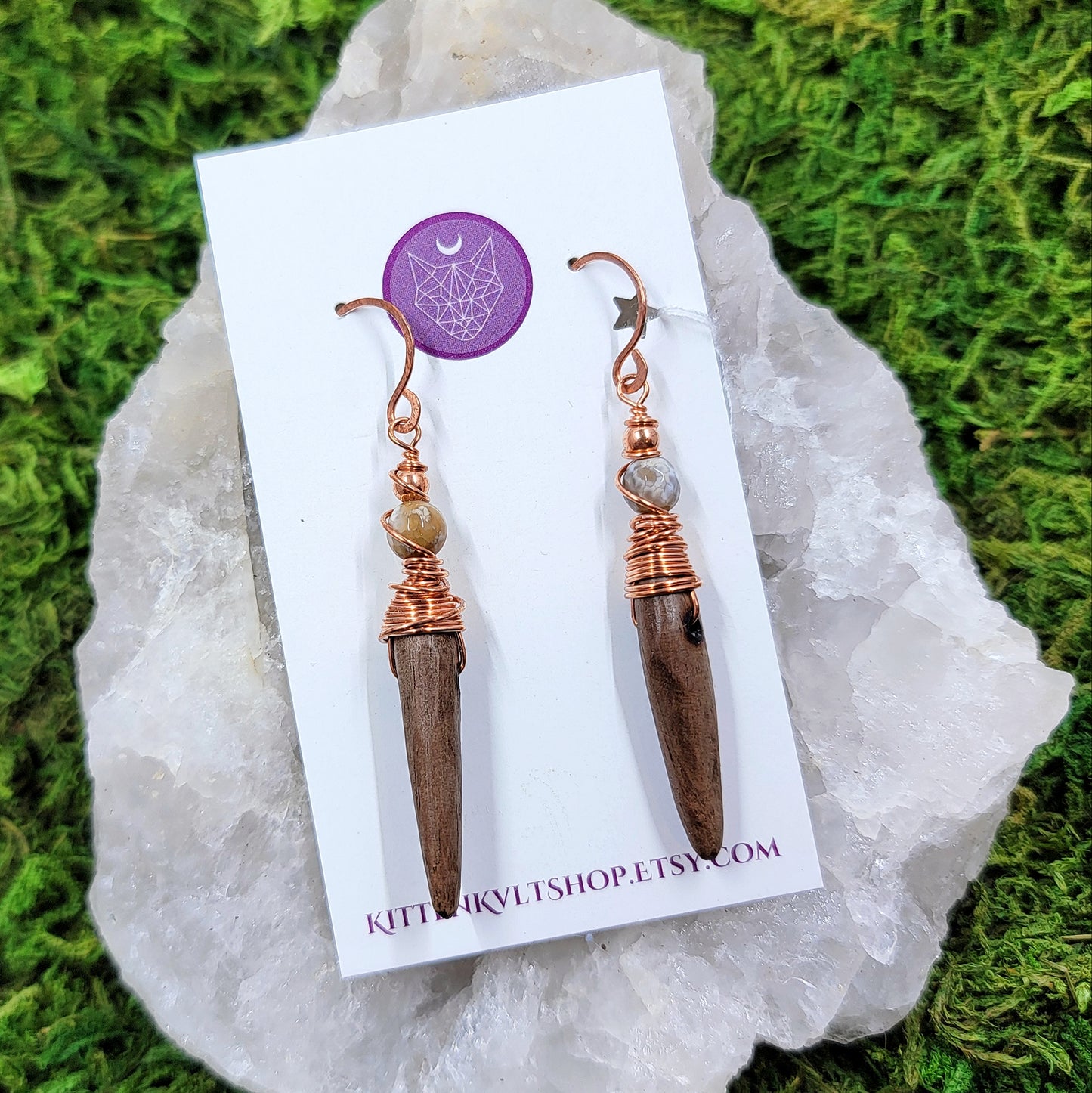 Hand Carved Walnut, Agate, & Copper Earrings