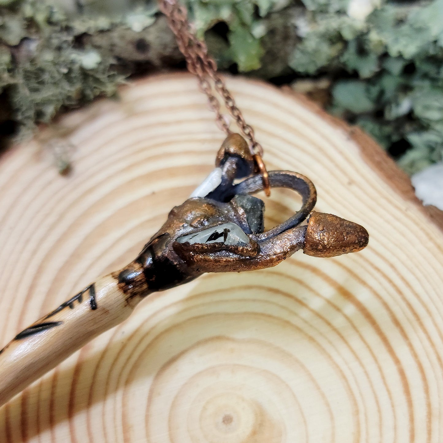 Hand Carved Wand Labradorite Mushroom Electroformed Copper Necklace