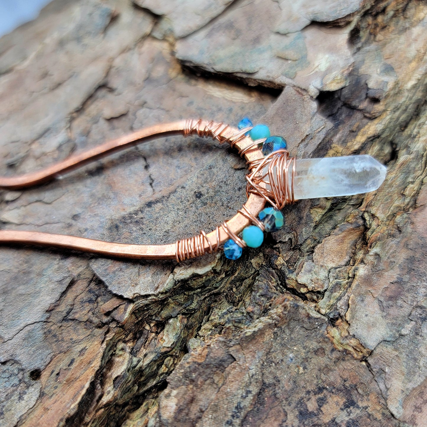 Sea Witch Quartz Crystal Hammered Copper Hair Fork