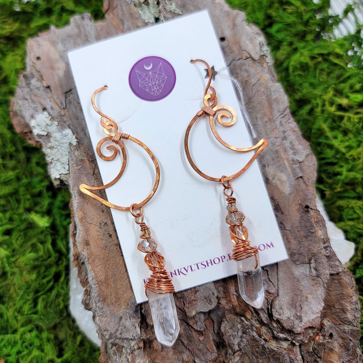 Quartz & Copper Moon Earrings