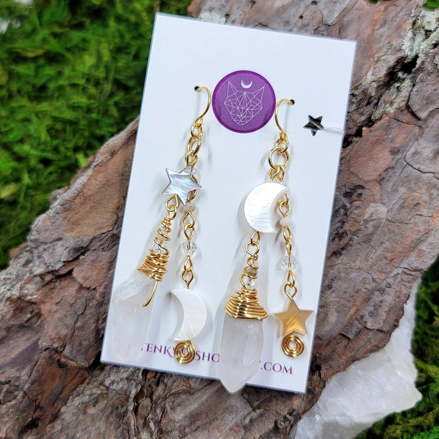 Celestial Quartz, Shell Moon & Star Earrings