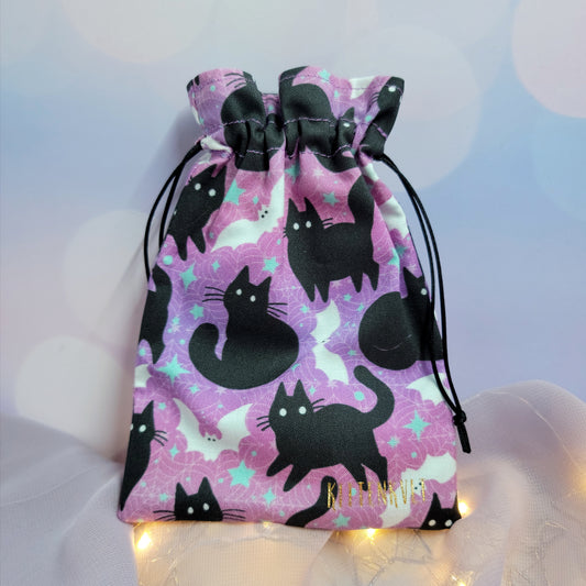 Mystical Kitty & Bat Trinket Crystal Pouch, Kawaii Witch Bag