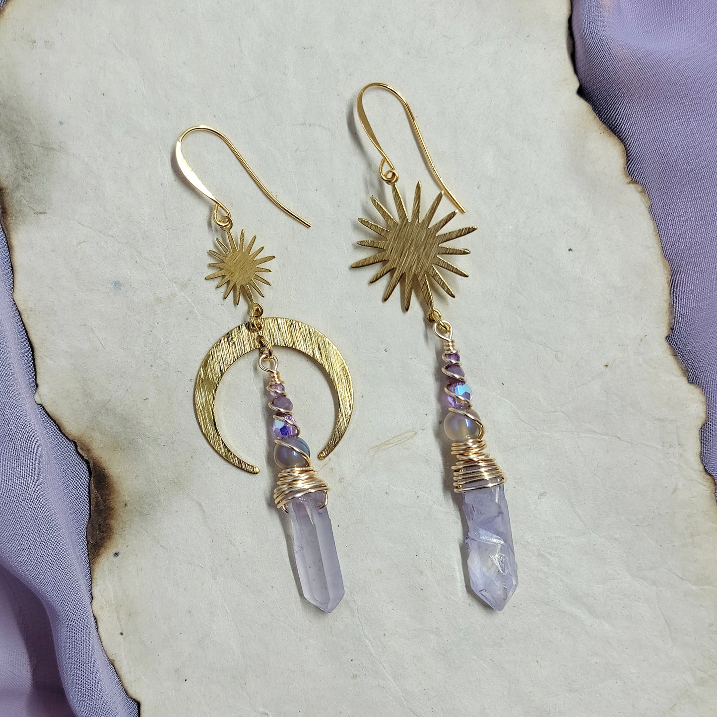 Celestial Lilac Aura Quartz Aura Agate Crystal Moon Earrings