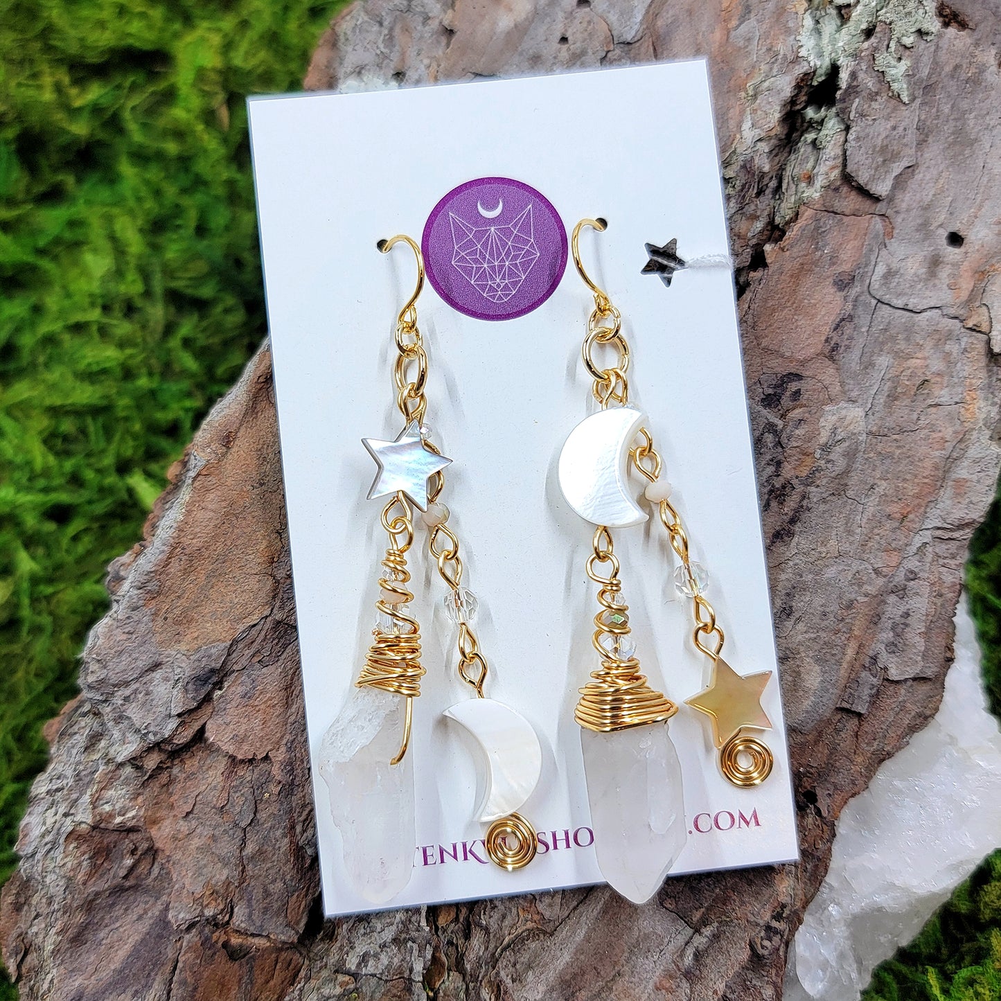 Celestial Quartz, Shell Moon & Star Earrings