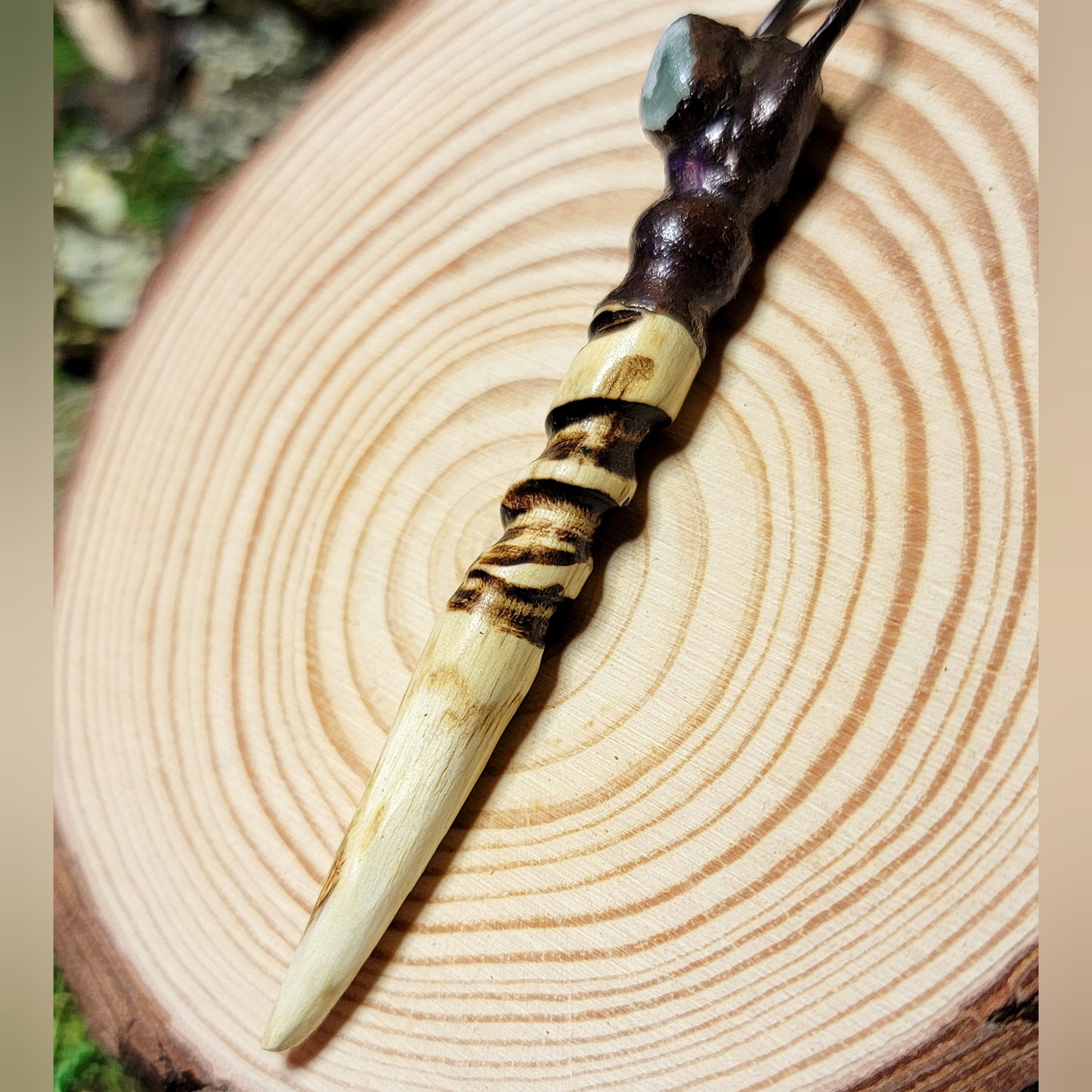 Hand Carved Ash Wood, Copper & Green Aventurine Wand Necklace