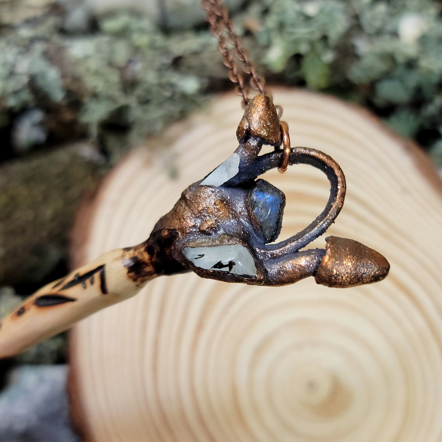 Hand Carved Wand Labradorite Mushroom Electroformed Copper Necklace