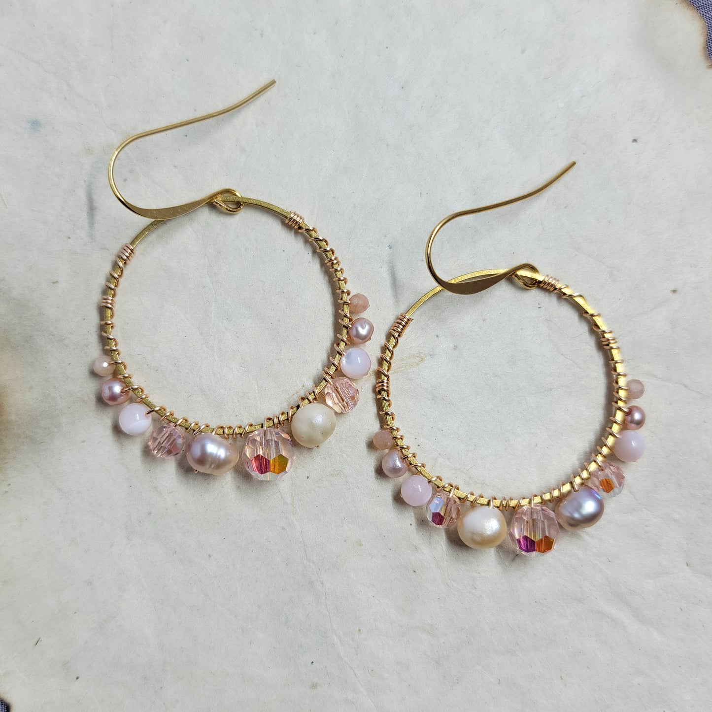 Ethereal Freshwater Pearl, Mother of Pearl, Peach Moonstone Crystal Hoops