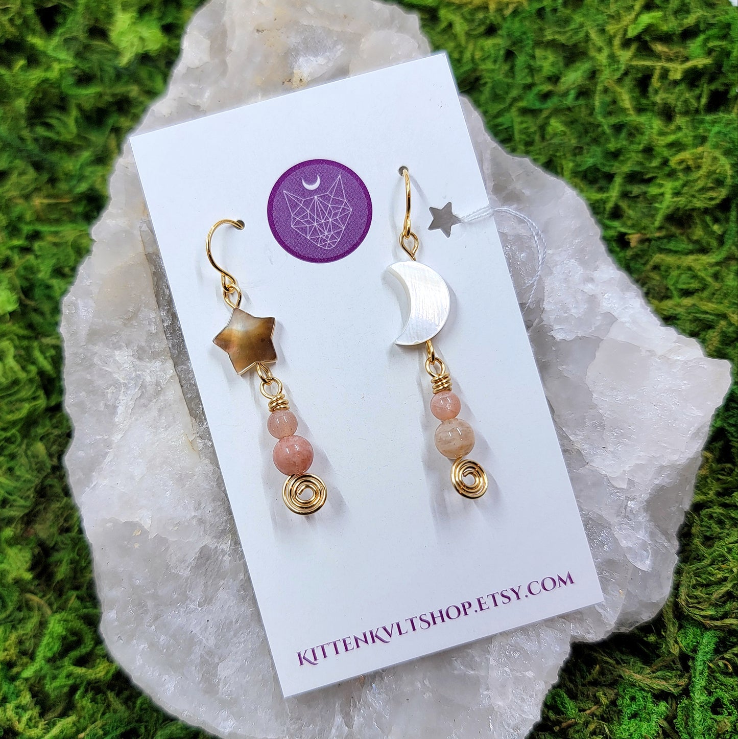 Sunstone and Shell Moon & Star Earrings