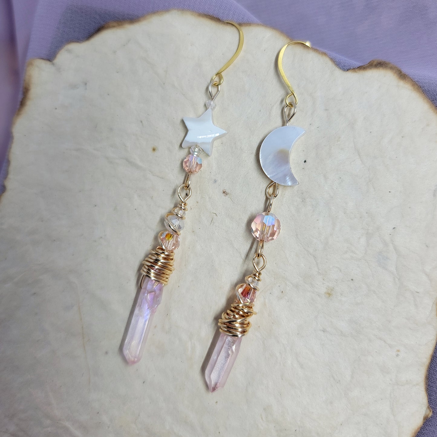 Pink Aura Quartz Celestial Shell Earrings