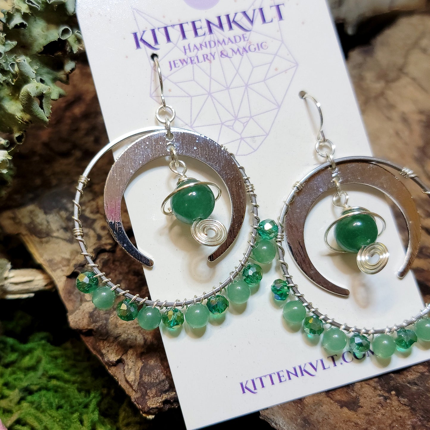 Green Aventurine Moon Planet Earrings