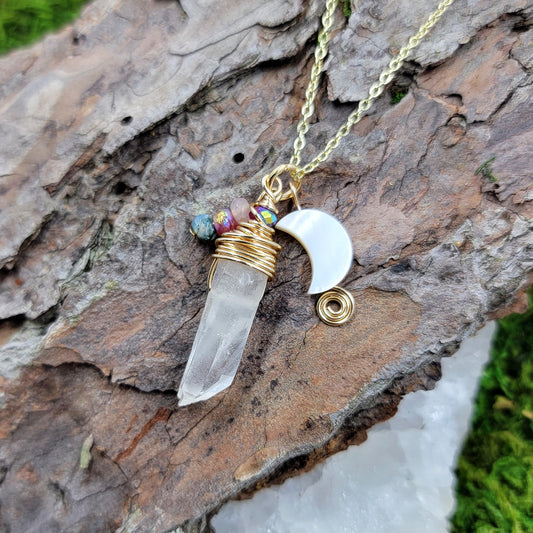 Quartz, Moss Agate, & Shell Moon Necklace