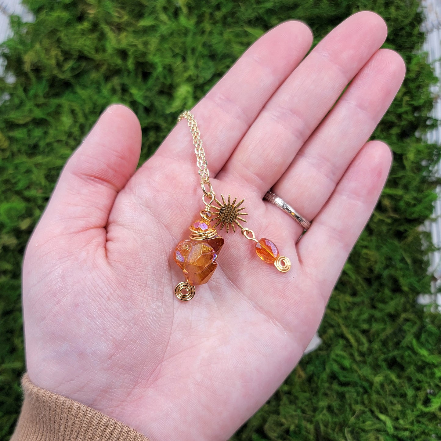 Orange Aura Quartz Sun Star Necklace