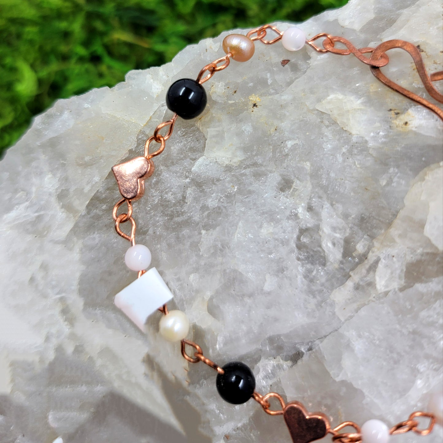 Freshwater Pearl & Onyx Copper Heart Bracelet