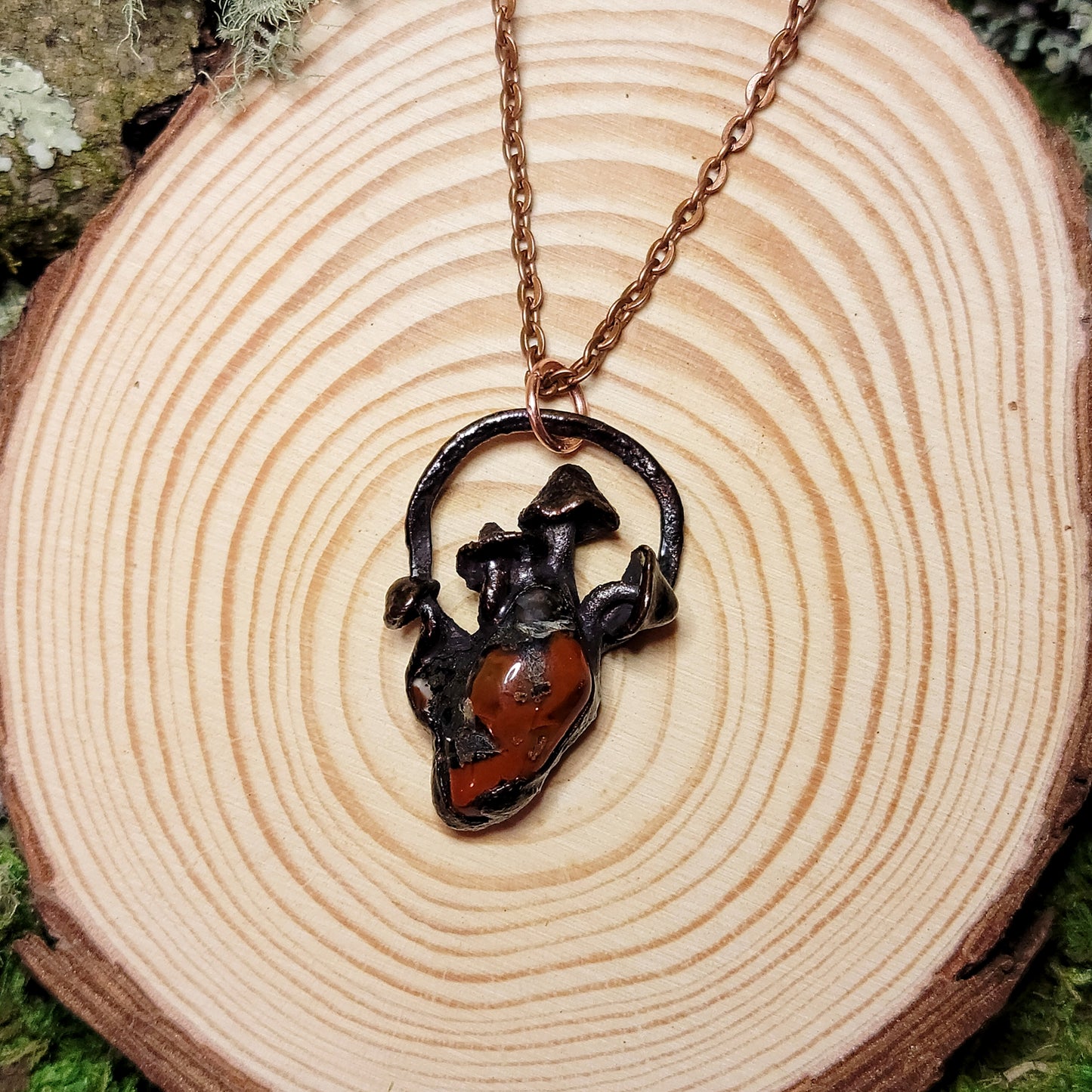 Brecciated Jasper Mushroom Anatomical Heart Copper Necklace