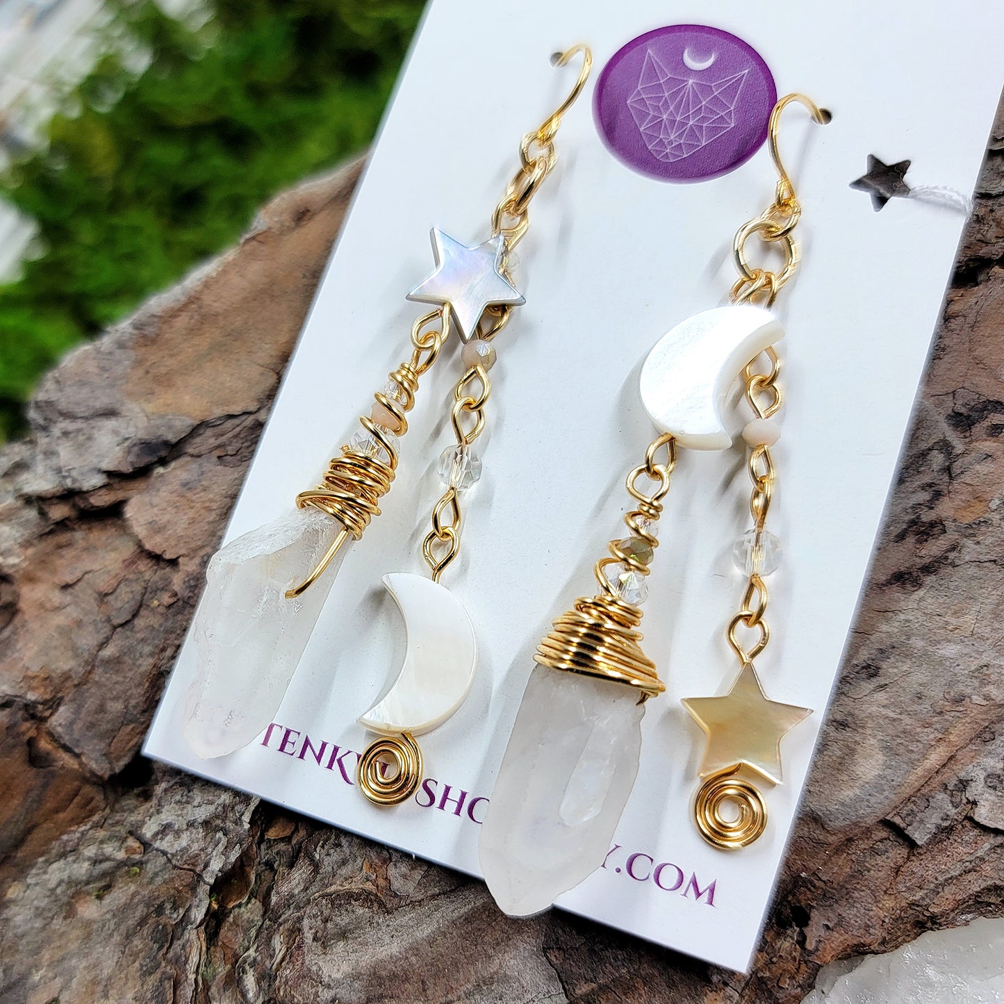 Celestial Quartz, Shell Moon & Star Earrings