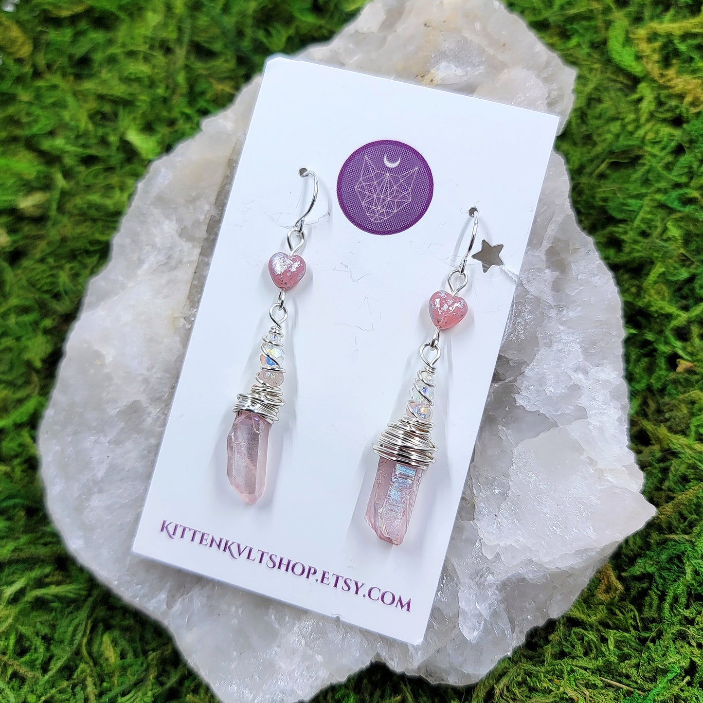 Pink Aura Quartz Heart Earrings